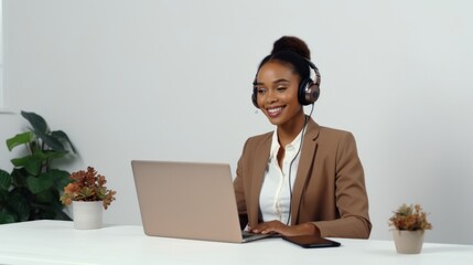 Wall Mural - A happy smiling African-American woman is talking via video link with headphones on a laptop at a table in a bright white office.