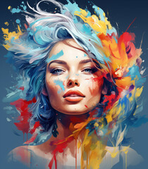 Painting of a woman's face with colorful paint splatters, happy smiling young woman, abstract painting.
