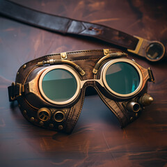 Sticker - Steampunk-inspired goggles on a leather surface.