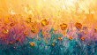 Liquid sunshine in hues of marigold and lemon, with undertones of turquoise and lavender. Abstract sunlit meadow.