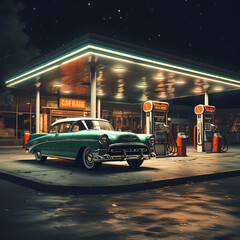 Canvas Print - Vintage car in a retro gas station. 