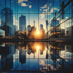 Sticker - A city skyline reflected in a glass building. 