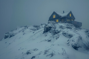 Sticker - A small house on top of a snowy hill.