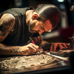 Wall Mural - A close-up of a tattoo artist at work.