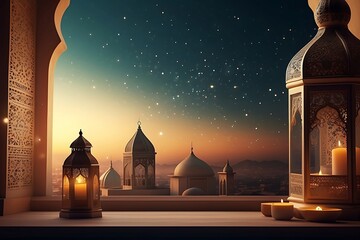 Lantern on the table in front of the mosque. 3d rendering