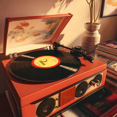 Canvas Print - A retro-style record player with vinyl records.