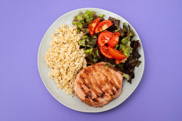 Sticker - grilled cutlets burger with boiled rice and salad