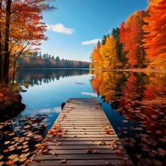 Wall Mural - A tranquil lake surrounded by autumn foliage. 