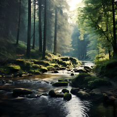 Sticker - A tranquil river winding through a forest. 