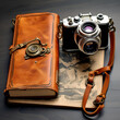 A vintage camera on a leather-bound travel journal 