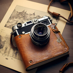 Poster - A vintage camera on a leather-bound travel journal 