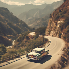 Sticker - A vintage car driving on a winding mountain road. 