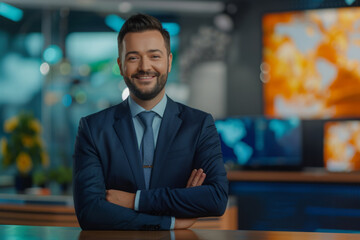 Wall Mural - professional anchor reporting on weather forecast against background with weather map in news studio