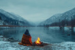 Person wrapped in a blanket beside a campfire, serene winter river landscape with snowy mountains. Relaxation and retreat concept
