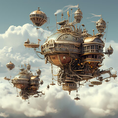 Canvas Print - Steampunk-inspired flying machines in a cloudy sky 