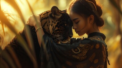 Portrait of the black panther, with woman wild cat hugs young girl. Wildlife protection concept