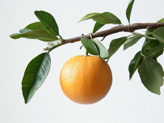 Wall Mural - Fresh orange fruit hanging on a tree branch with green leaves isolated on a white background in a minimalist style. 