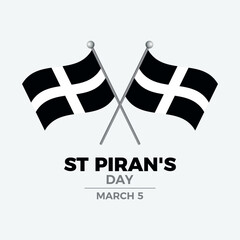 Wall Mural - St Piran's Day poster with Cornwall flag vector illustration. Two crossed Saint Piran's flags on a pole icon. Flag of Cornwall symbol. Suitable for card, background, banner. March 5 every year