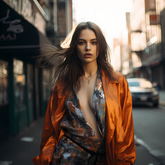 Poster - A fashion model posing in an urban setting.