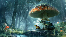 A Whimsical Scene With Two Frogs Sheltering From The Rain Under A Large Mushroom.Animal Behavior Concept. AI Generated.