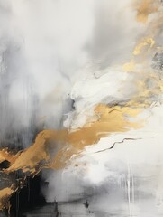 Poster - An abstract painting featuring a blend of gold and white colors creating a stunning visual contrast with dynamic brush strokes and textures.