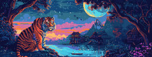 Gyoza feast in a steampunk setting Bengal tiger in pixel art style with a backdrop of spearfishing under an aurora