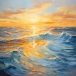 A painting depicting a vibrant sunset casting warm hues over the ocean, with the sun dipping below the horizon and reflecting on the calm waters.