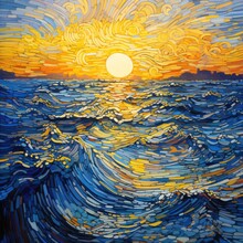 A realistic depiction of a sunset casting warm hues over the ocean, with the sun dipping below the horizon and reflections dancing on the water.