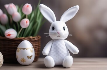 Wall Mural - Handmade white Easter bunny textile toy, DIY soft toy for decoration