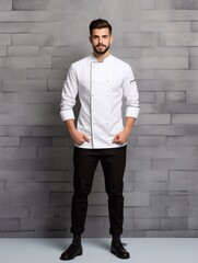 Wall Mural - Chef uniform mockups with empty copy space to add logos and designs on jackets or high-cuisine uniforms. Models portraying chef in clean wall background