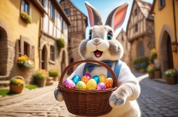 Wall Mural - Playful smiling easter bunny with basket filled with easter eggs on street of picturesque medieval village on a sunny spring day 