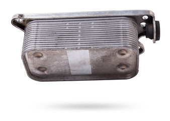 Poster - Gearbox heat exchanger - radiator, with metal chrome elements and tubes - detail of a car mechanism on a white isolated background. Replacing the automobile parts. Spare parts catalog.