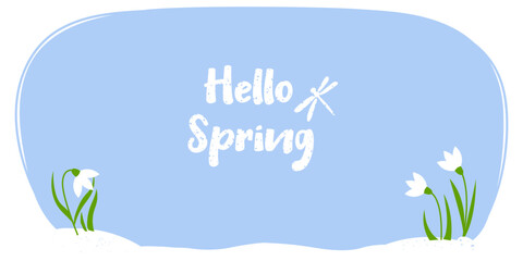 Wall Mural - Hello spring vector paper element with snowdrops for notes. Hand drawn frame empty text box with snowdrop. Doodle hand drawn shape for text and notes.