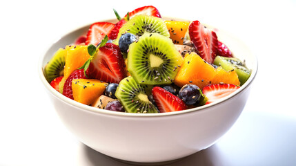 Wall Mural - Side view of delicious raw salad, cut fruits including strawberries, blueberries, mango, kiwi, chia seeds in white bowl on white backgrdound