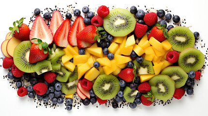 Wall Mural - Top view of delicious raw fruits including strawberries, blueberries, mango, kiwi and chia seeds on white backgrdound