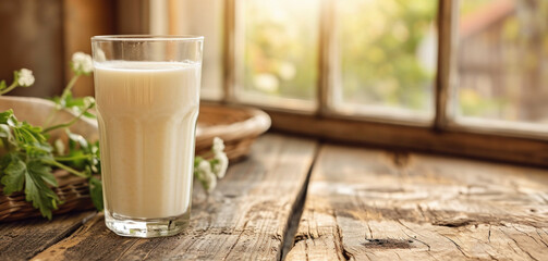 Glass of kefir on a rustic wooden table, morning light streaming through a window