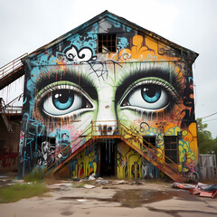 Canvas Print - Graffiti art on an abandoned industrial building.