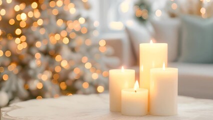 Sticker - four white Christmas candles burning in the bright room on the table with Christmas tree and lights in the background. 