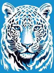  A striking white tiger with piercing blue eyes is featured against a vibrant blue backdrop, showcasing its powerful and captivating presence.