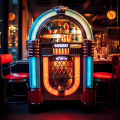 Wall Mural - Retro jukebox in a dimly lit diner.