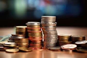 Stacks of assorted coins with varying denominations and loose change against a blurred background, highlighting financial concepts.