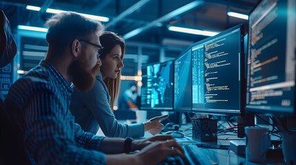 Two Professionals Collaborating on Computers in a Modern Workspace
