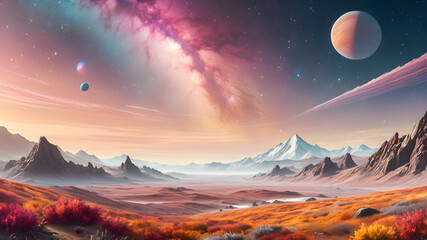 Wall Mural - Fantasy alien planet. Mountain and milky way