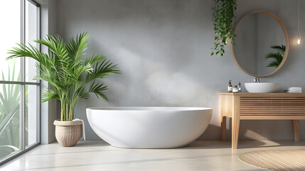 Wall Mural - modern bathroom interior with tub and wooden stand sink, 3d rendering