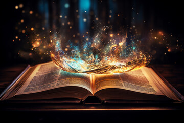 Wall Mural - generative ai collage of bewitched magic book open page with bright glitter bokeh