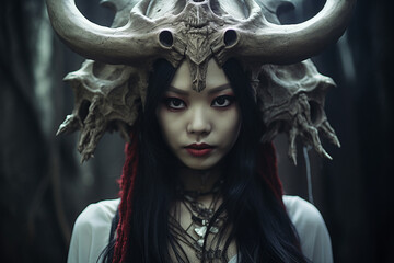 Wall Mural - Digital creative collage generative ai image od dark witch with beast skull doing black magic