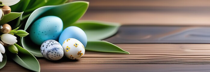 Wall Mural - Flowers decorated with and Easter quail eggs on a wooden background with space for text.