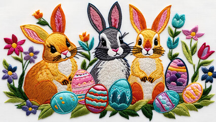 Easter embroidered pattern with rabbits, colorful eggs, and spring flowers on white background. Generative AI
