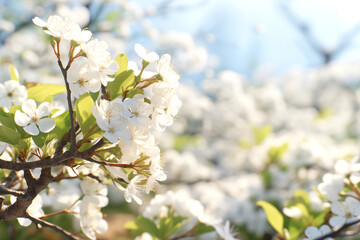 Wall Mural - White cherry blossoms in sunlight garden with vibrant spring colors