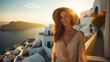 A happy beautiful young woman overlooking the background of santorini.